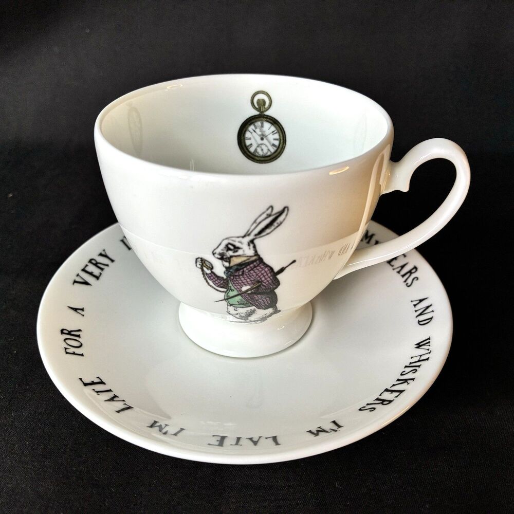 Disney Parks Moore Bone China White Rabbit Alice In Wonderland Tea Cup & Saucer